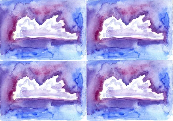 A pattern of identical clouds. The cloud is drawn realistically. White with a slight shade of gray and blue. A watercolor blur sky around. Saturated colors. Different shades of blue and pink.
