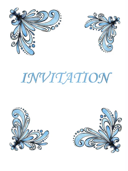 Frame Made Blue Decorative Corners Black Outline White Background Watercolor — Stock Photo, Image