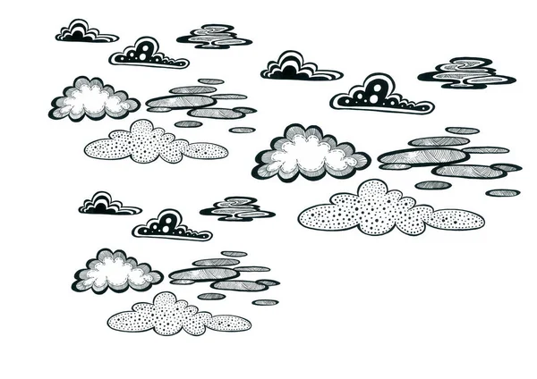 Joukko Erilaisia Doodle Kuvia Pilviä Musta Ääriviivat Valkoisella Taustalla Piirretty — kuvapankkivalokuva