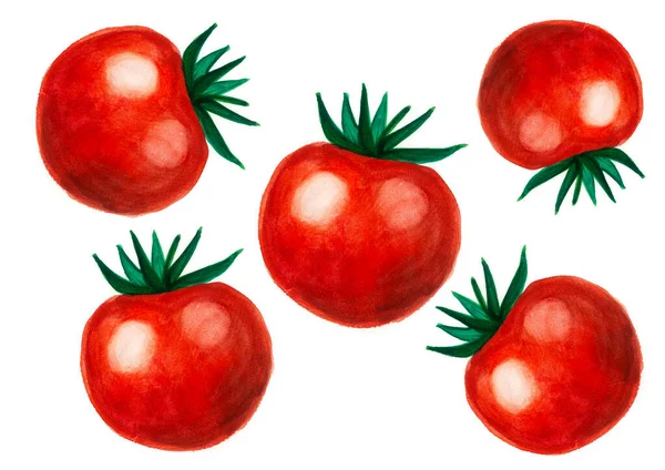 Padrão Tomates Vermelhos Brilhantes Fundo Branco Vegetais Têm Destaques Folhas — Fotografia de Stock