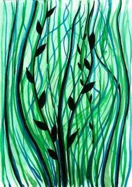 Siyah çizgili çimen ve yapraklardan oluşan bir arka plan ve açık arkaplan ile yeşilin farklı tonlarında. Suluboya ve mürekkep çizimi.