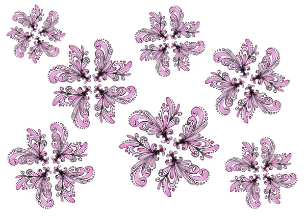 Pattern of flowers from decorative elements of purple color with a black outline on a white background. Decorative elements consist of curls, dots of various shapes.