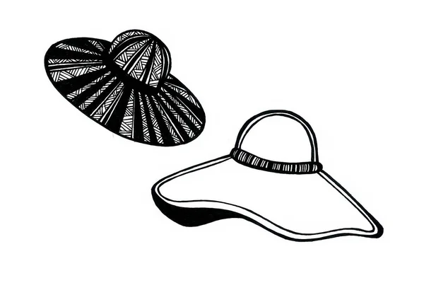 Conjunto Dos Sombreros Doodle Esquema Negro Aislado Sobre Fondo Blanco —  Fotos de Stock