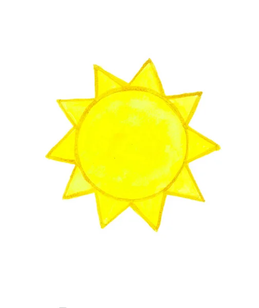 黄色的太阳被白色的背景隔开了 用三角射线 水彩画它的轮廓很薄 呈深黄色 — 图库照片