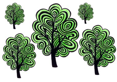 Farklı boyutlarda dekoratif ağaçların deseni beyaz arka planda izole edilmiş. Siyah çizgili ağaçlar ve yeşil dolgulu dalgalı çizgiler.