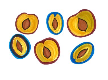 Beyaz arka planda kesilen erik deseni. Eriklerin sarı bir merkezi, uzatılmış bir taşı ve farklı renklerde bir kabuğu vardır. Mavi, kahverengi, kestane rengi.