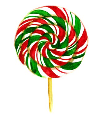 Çubukta yuvarlak bir lolipop. Kırmızı, beyaz, yeşil çizgili bir spiral şeklinde bükülmüş. Beyaz arka planda izole edilmiş. Farklı kalınlıkta şeritler, sarı bir çubuk. Suluboya resim.