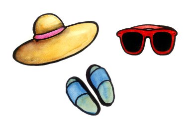 Üç plaj aksesuarı. Şapka, güneş gözlüğü, terlik. Beyaz arka planda izole edilmiş siyah bir hatla renklendirilmiş. Suluboya bulanıklığı.