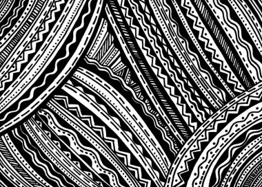 Grafik süslemeli soyut siyah beyaz arkaplan. Geometrik şekiller ve çizgiler. Zigzaglar, dalgalı çizgiler, düz çizgiler, çizgiler, noktalar. Kelime.