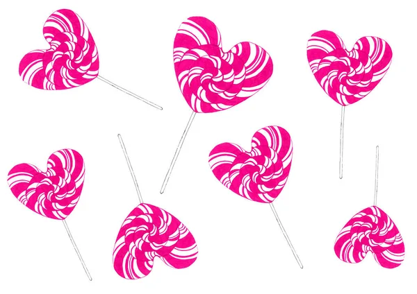 Pattern Pink White Striped Lollipops Shape Hearts Stick Popsicles Different — Stock Photo, Image