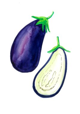 Patlıcan tek parça ve beyaz arka planda yarı izole. Suluboya bulanıklığı. Yeşil yapraklar. Patlıcanların koyu mavinin farklı tonları vardır. Ortası beyaz ve sarı taneli..