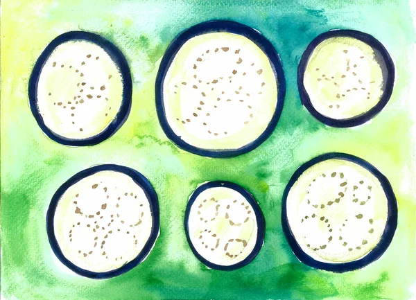 stock image Sliced eggplant rings. Dark blue outline, yellow white center with grains. On the background is a watercolor blur of green, blue, yellow colors. Abstraction.