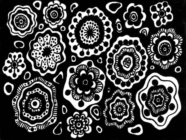 Fondo Blanco Negro Abstracto Flores Decorativas Estilo Ornamental Círculos Líneas —  Fotos de Stock