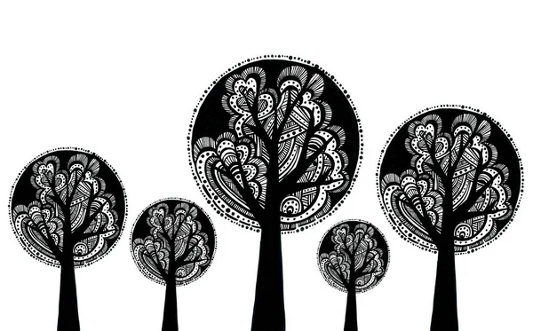 Padrão Árvores Decorativas Doodle Preto Branco Estilização Formas Geométricas Círculos — Fotografia de Stock