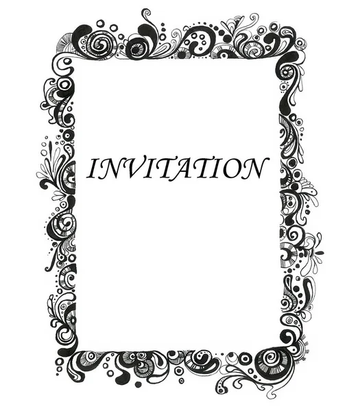 白い背景に黒い輪郭の装飾が施されたフレーム 招待状 カード 精製された黒い線 装飾品 カール 波状線 — ストック写真