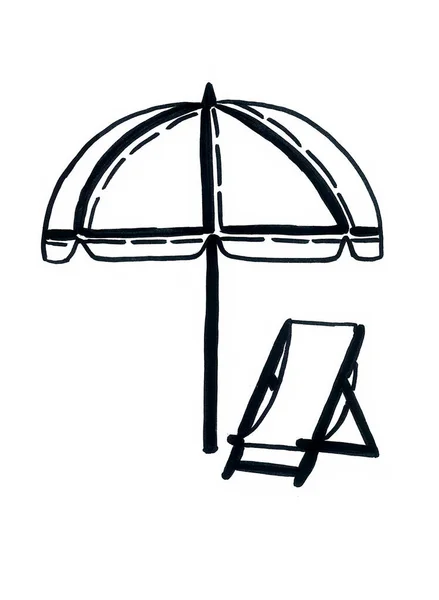 Sonnenschirm Und Liegestuhl Konturzeichnung Mit Schwarzen Linien Isoliert Auf Weißem — Stockfoto