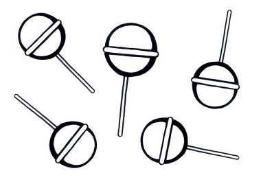 Çubukta lolipop deseni. Chupa Chup 'lar. Ortasında yatay şerit olan yuvarlak lolipoplar. Beyaz arkaplanda siyah çizgiler.