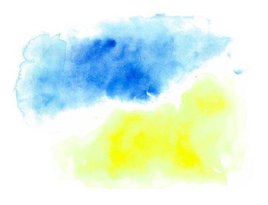 Soyut arkaplan. Mavi sol üstte, sarı ise sağ altta. Aralarında beyaz bir zemin var. Suluboya bulanıklığı.