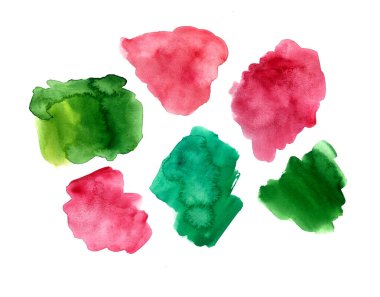 Beyaz arkaplanda suluboya lekeleri var. Pembe ve yeşilin farklı tonlarında. Pembe, mor, ılık yeşil, turkuaz..