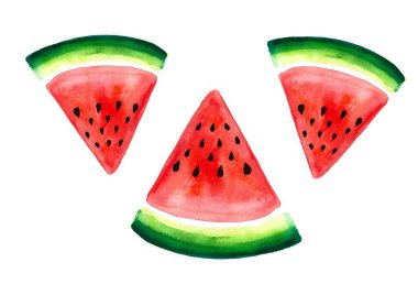 Üç üçgen karpuz deseni. Suluboya bulanıklığı. Parçalar beyaz arkaplanda izole edilmiş. Kemikleri var. Karpuzun merkezi üçgeni yukarı doğru keskin bir açıyla konumlanmıştır.