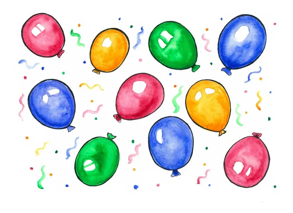 Muster Aus Bunten Luftballons Und Konfetti Auf Weißem Hintergrund Aquarell — Stockfoto