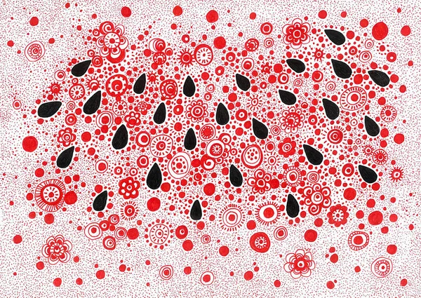 Abstracte Achtergrond Zwarte Driehoekige Vlekken Lijken Watermeloen Zaden Putten Rode — Stockfoto