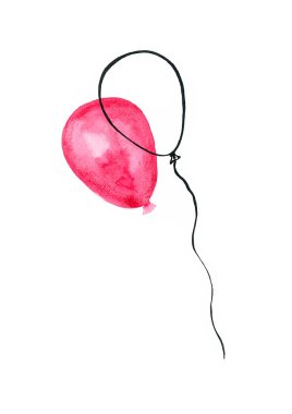 Air balloon isolated on white background. Located diagonally. Pink color. Black contour with partial overlap. Watercolor blur and glare on the ball. Has a wavy black thread line.