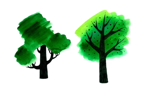 Set Two Decorative Trees Isolated White Background Black Trunk Green — 图库照片