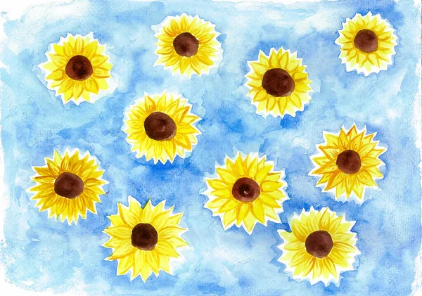 Pattern of sunflowers on a blue background. The flowers have yellow petals and a black center. Gentle blue background with watercolor blur.