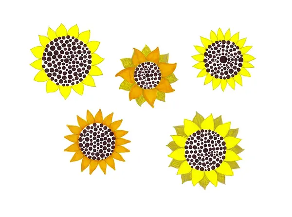 白色背景上装饰向日葵的图案 花朵的中心是一个黑点 黄色和橙色花瓣的形状不同 圆形向日葵 — 图库照片