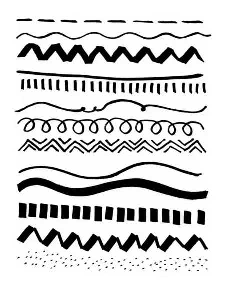 Verschiedene Schwarze Grafische Linien Auf Weißem Hintergrund Bindestrich Wellen Gerade — Stockfoto