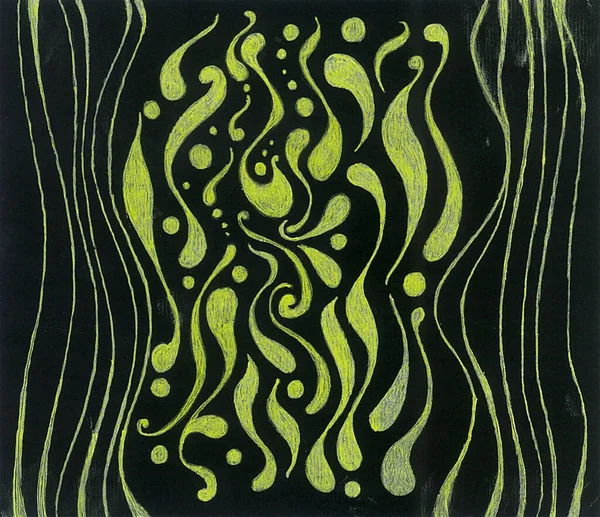 Abstract background of lines and decorative ornaments of a golden hue on a black background. Lines on the edges. In the middle there are curls, dots and other elements.