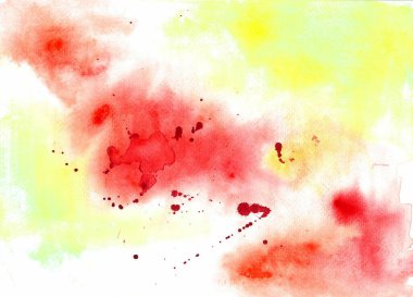 Suluboya bulanıklığı olan soyut arkaplan. Kırmızı, sarı ve beyaz renklerin farklı tonlarında. Arka planda belirgin kırmızı damlalar ve sıçramalar var..