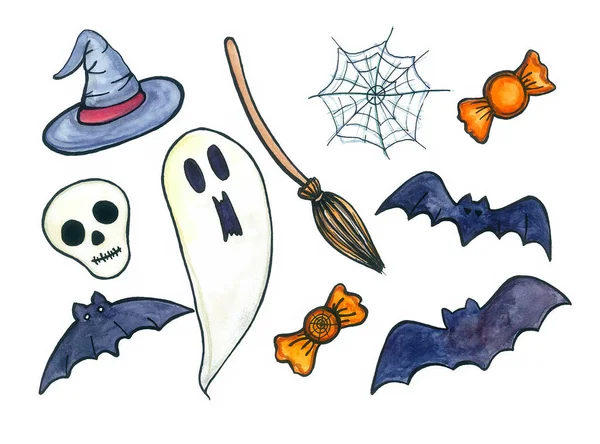 Eine Reihe Unterschiedlicher Halloween Attribute Fledermäuse Ein Gespenst Ein Totenkopf Stockfoto