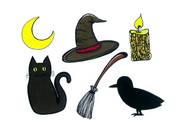 Conjunto Diferentes Atributos Halloween Sobre Fondo Blanco Colores Negro Amarillo — Foto de Stock