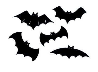 Bir grup siyah yarasa silueti. Beyaz arka planda izole edilmiş. Farklı şekillerde ve boyutlarda yarasaların beyaz gözleri vardır..