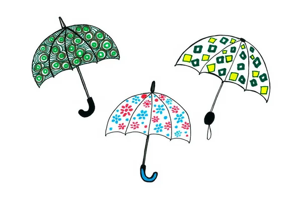 Set Tre Ombrelli Isolati Sfondo Bianco Profilo Nero Motivi Colorati — Foto Stock