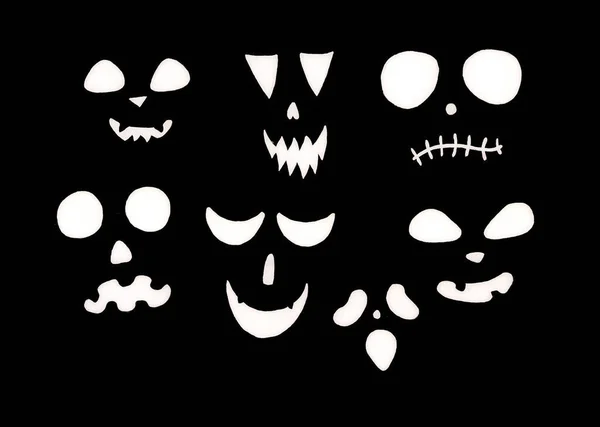 Állítsa Különböző Ijesztő Vicces Arckifejezések Fehér Színű Fekete Háttér Halloween — Stock Fotó