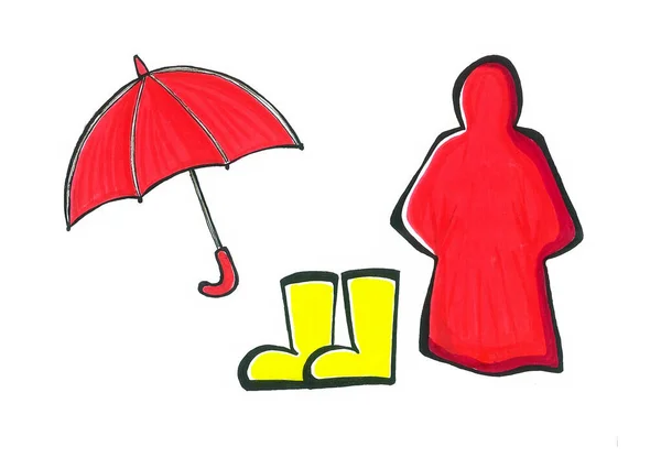 Joukko Esineitä Kävelylle Sateessa Sateenvarjo Sadetakki Kumisaappaat Vaaleanpunainen Sateenvarjo Sadetakki — kuvapankkivalokuva