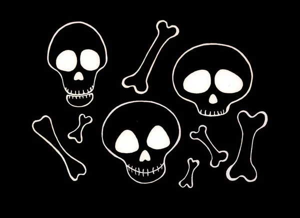 Set Different Skulls Bones White Outline Black Background Bones Different — Stock Photo, Image