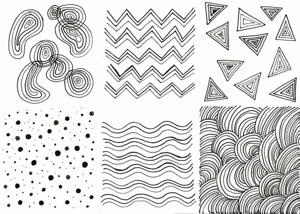 Set of six square samples are filled with various elements. Triangles, zigzags, waves, dots, abstract elements, doodles. All elements consist of black and various shades of gray. White background.