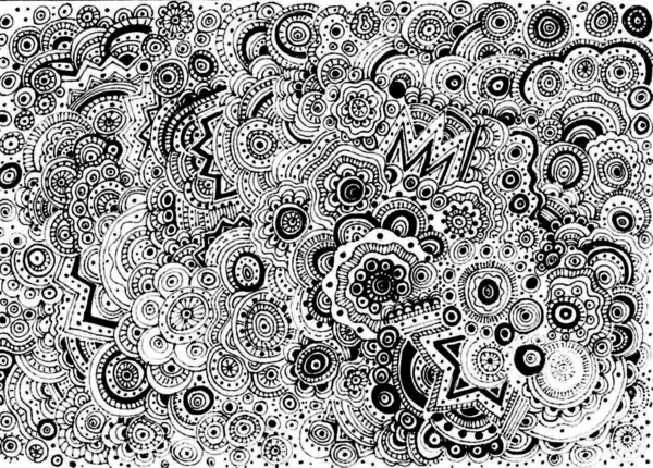 抽象的なモノクロの背景 落書きの様式のパターンで満たされる ジグザグ そして落書きを構成する他の幾何学的要素 白い背景のブラックアウトライン — ストック写真