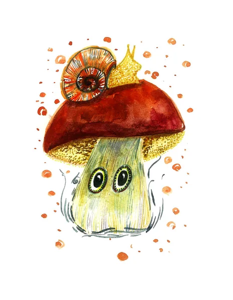 Mushroom with round eyes isolated on white background. Boletus mushroom. Snail is sitting on cap. Dotted and wavy line decoration around. Watercolor illustration. Detailed with lines and dots.