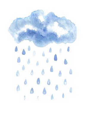 Beyaz arka planda izole edilmiş yağmur damlaları olan bulut. Mavinin farklı tonları. Suluboya bulanıklığı. Bir bulutun gerçekçi görüntüsü. Damlalar dekoratif..
