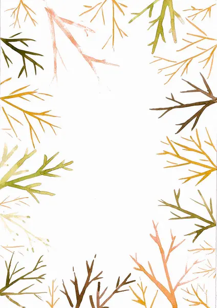 Frame of tree branches without leaves. Branches are equal in different colors. Watercolor. Orange, pink, brown, green, ocher. Lighter and darker shades.