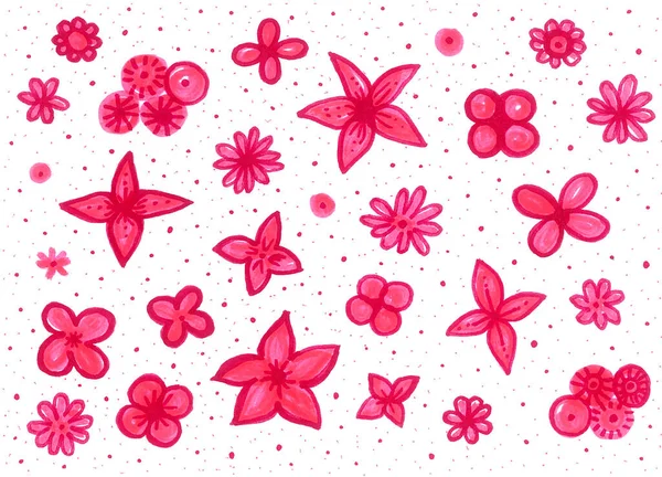 Decoratieve Roze Bloemen Stippen Een Witte Achtergrond Verschillende Tinten Roze — Stockfoto