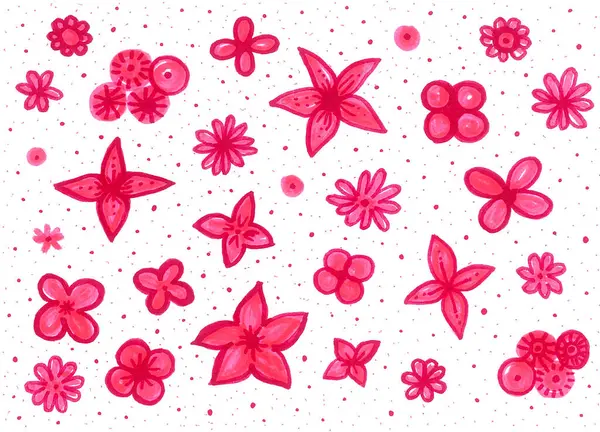 白い背景に装飾的なピンクの花とドット ピンクの異なる色合い 花は濃いピンクの輪郭を持っています 異なった形の花 丸められた鋭い三角形の花びら サークルとドット — ストック写真