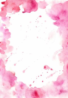 Beyaz arka planda pembe suluboya lekeleri. Mesaj için yere düşer ve su sıçratır. Pembenin farklı tonları. Nazik ve yumuşak suluboya bulanıklığı. Düğün davetiyeleri ve romantik kartlar için uygun.