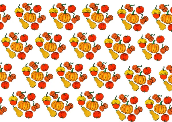 Pattern Pumpkins Different Varieties White Background Orange Yellow Ocher Colors — Stock Photo, Image