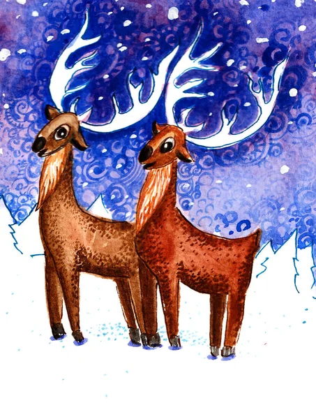 Illustration Two Stylized Deer Winter Evening Landscape Watercolor Black Outline — Stock Photo, Image